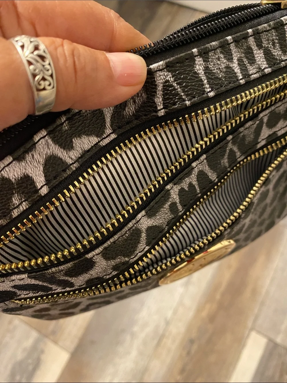 Leopard Print Wristlet Clutch with Gold Emblem